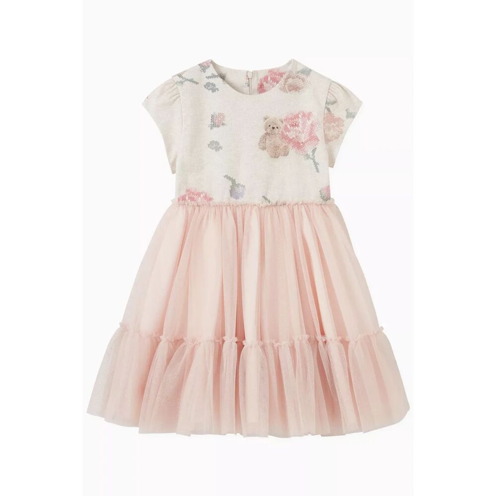 Lapin House Roses & Teddy Bear Dress in Jacquard & Tulle 9 months